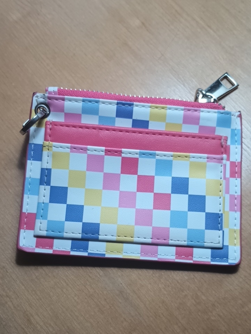Multi-Color Checkered Card Wallet with Pink Trim